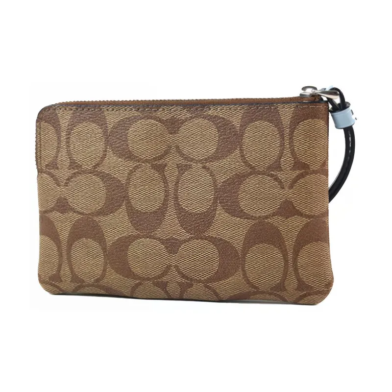 COACH Corner Zip Leather Card Holder Wallet Clutches Wrist Bags Medium Size Women's #Brown Multicolor Sky#-1