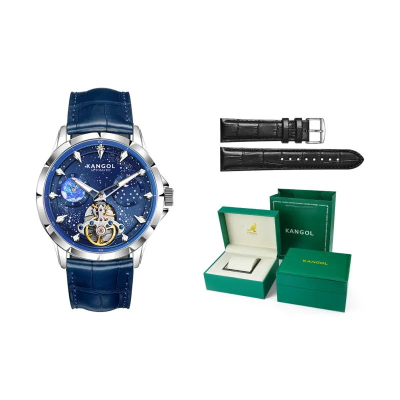 KANGOL Automatic Mechanical Movement Genuine Leather Strap Watch Men's Watches Black Dial-12