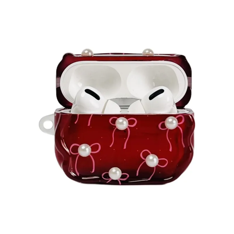 Wei Xin Apple AirPods 4/2/3/4th Generation/AirPods Pro/Pro 2nd Generation TPU Red Base Pearl Bowknot Headphone Cases-1