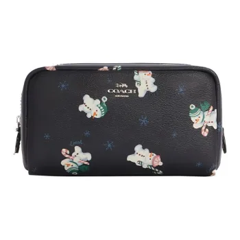 COACH Cosmetic Canvas Leather Zip Bag Pochette Clutch Small Size Women's Black