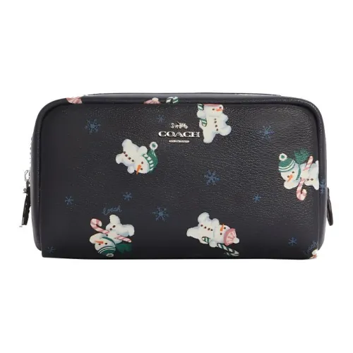COACH Cosmetic Canvas Leather Zip Bag Pochette Clutch Small Size Women's Black