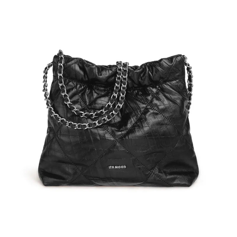 Miao Di Top Grain Cow Leather Shoulder Bag Medium Size Women's Obsidian Black-7