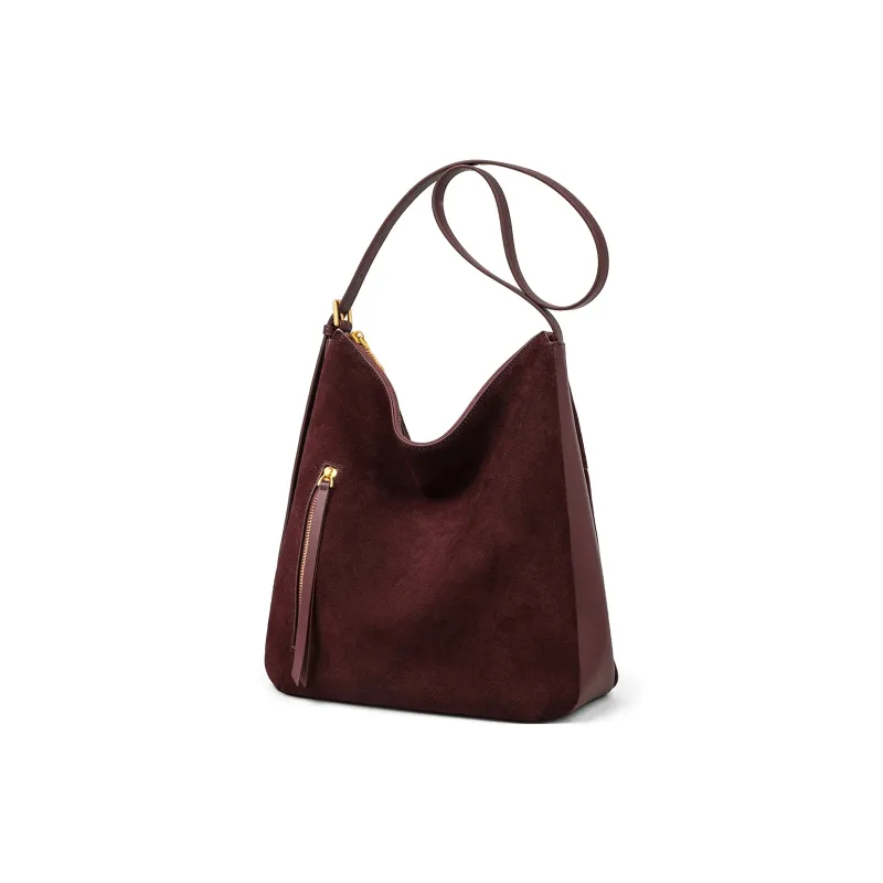 MILLIE'S Cow Leather Portable Underarm Shoulder Bag, Bucket Bag Women's Coffee/Wine Purple-8