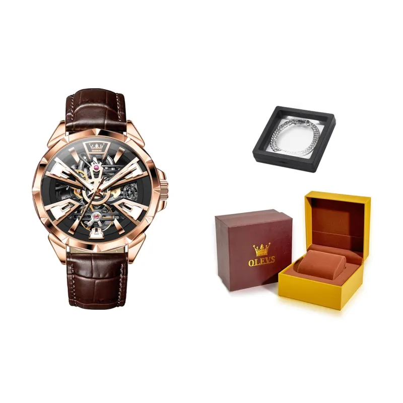 OLEVS Play The Cool Series Mechanical Movement Leather Watch Bands Watch Men's Watches Black Dial-10