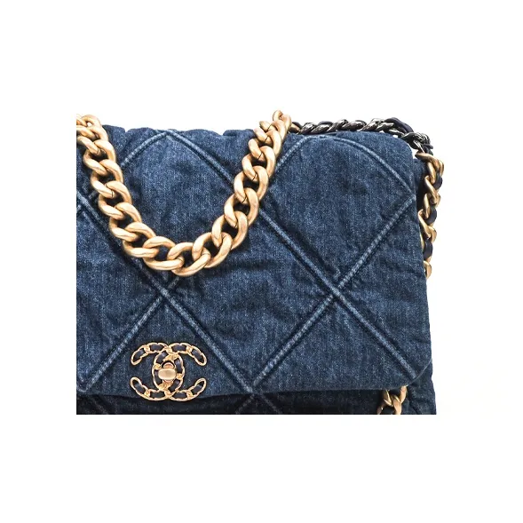 CHANEL 19Bag Denim Mouth Cover Bag Messenger Bag Crossbody Bag Large Size Women's Blue-3