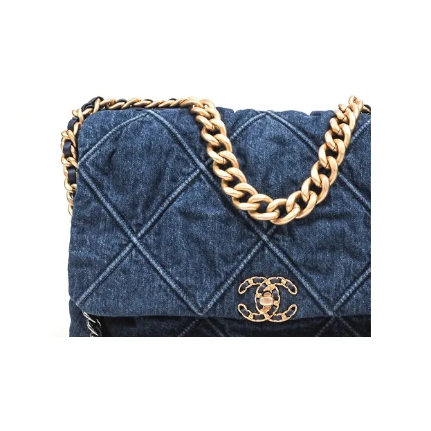 CHANEL 19Bag Denim Mouth Cover Bag Messenger Bag Crossbody Bag Large Size Women's Blue-4