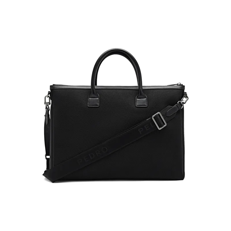 PEDRO Fabric With Cow Leather Briefcases Handbags Large Size Men's Black/Blue-3