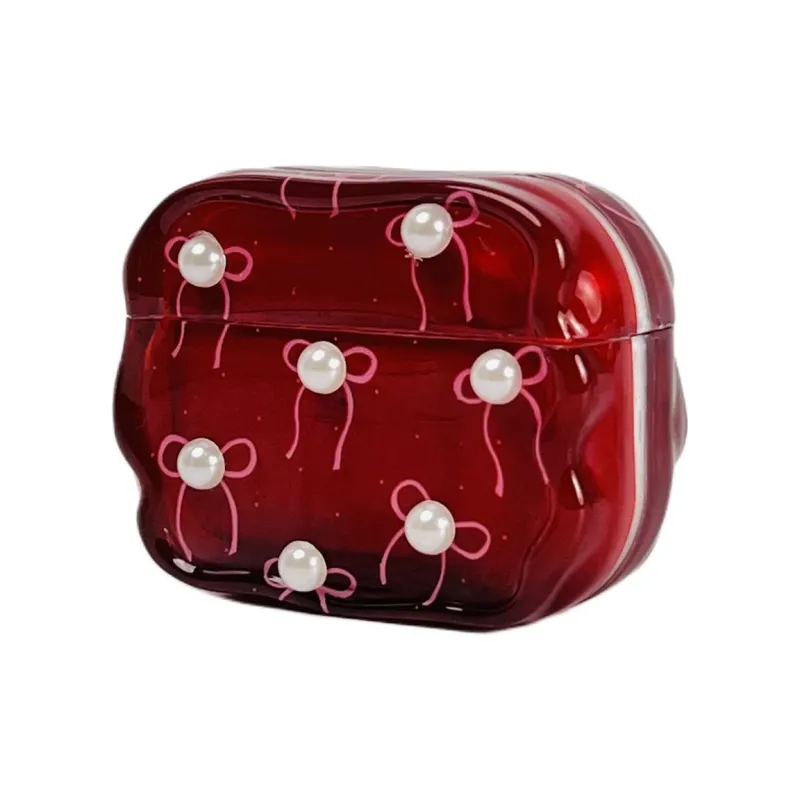 Wei Xin Apple AirPods 4/2/3/4th Generation/AirPods Pro/Pro 2nd Generation TPU Red Base Pearl Bowknot Headphone Cases-3