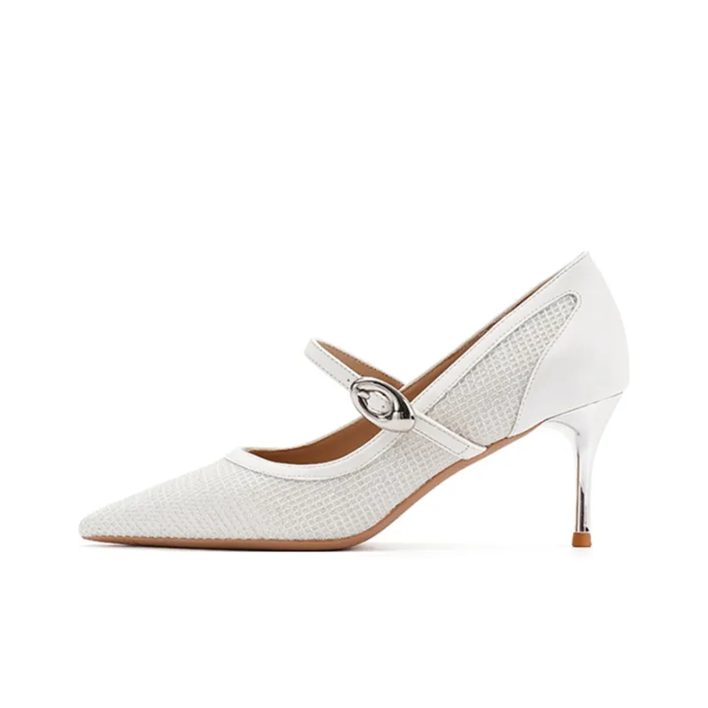 Ainer cat Slim Heel High Heels 7cm Women's White-0
