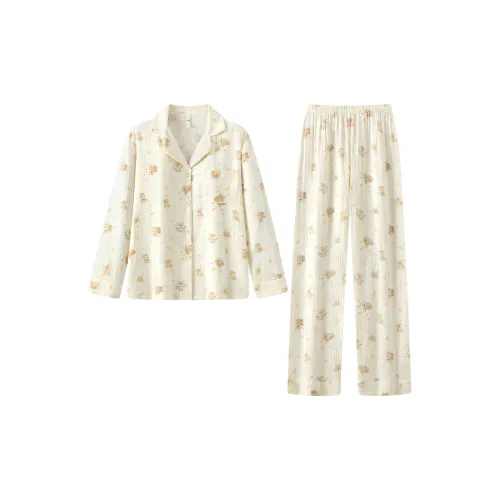 Gongdie Pajama Set Women's Beige Yellow
