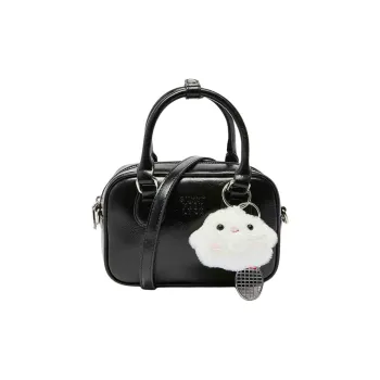 Three Blessings PU Bowling Bag, Shoulder Bag, Crossbody Bag, Handbag Medium Size Women's Black/Extra White/Pink