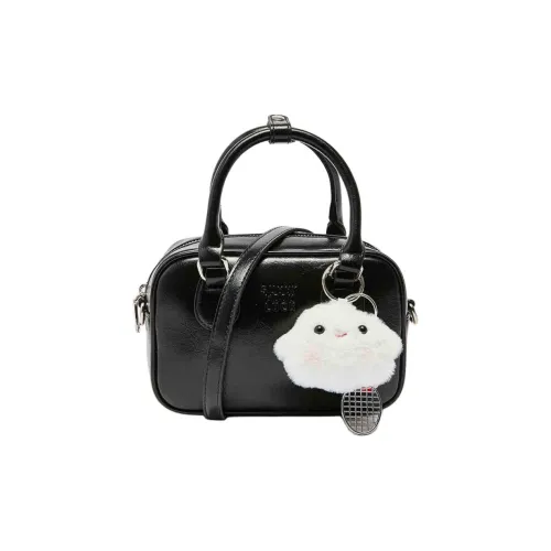 Three Blessings PU Bowling Bag, Shoulder Bag, Crossbody Bag, Handbag Medium Size Women's Black/Extra White/Pink