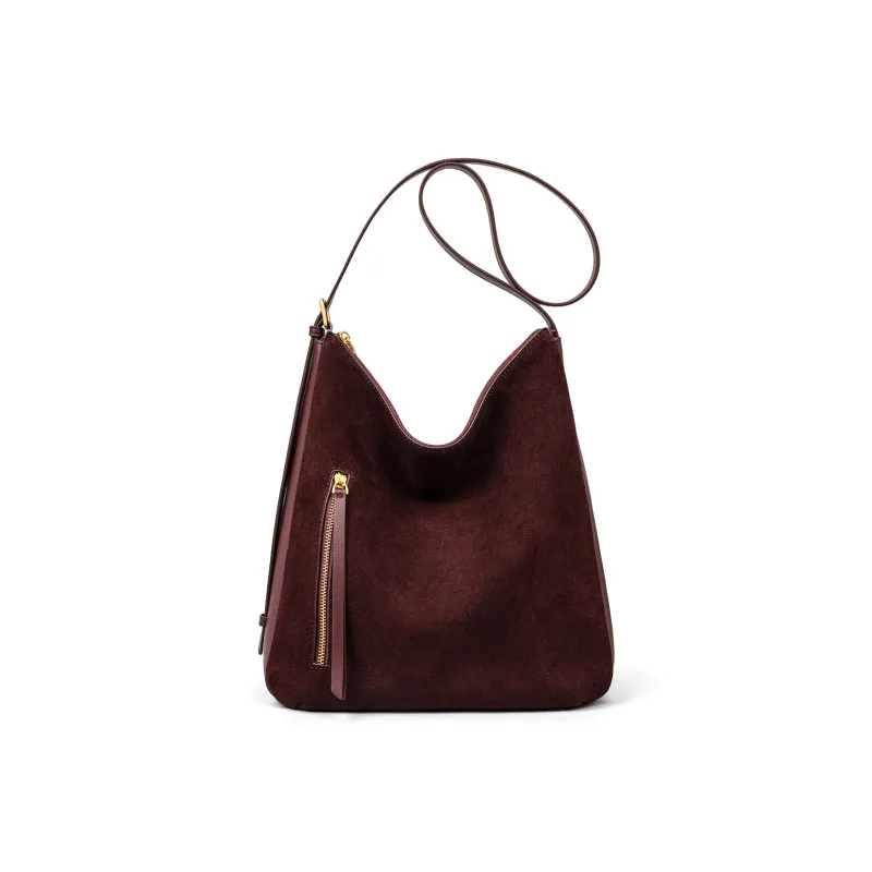 MILLIE'S Cow Leather Portable Underarm Shoulder Bag, Bucket Bag Women's Coffee/Wine Purple-9