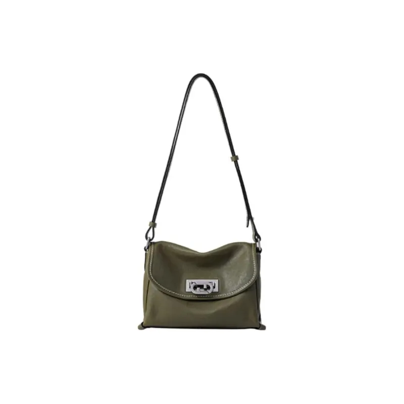 FION Top Grain Cow Leather Shoulder Bag Small Size Women's Classic Black/Moss Green/Coffee/Brown-0