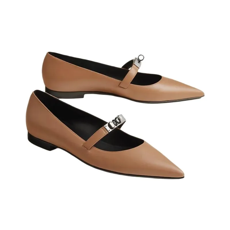 HERMES Kelly Flat Casual Single Shoes Women's Light Brown-2