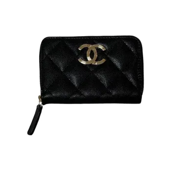 CHANEL Grain Embossed Litchi Grain Calfskin Key Pouch Card Holder Coin Purse Trumpets Women's Black