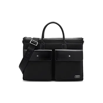 PEDRO Fabric With Cow Leather Briefcases Handbags Large Size Men's Black/Blue