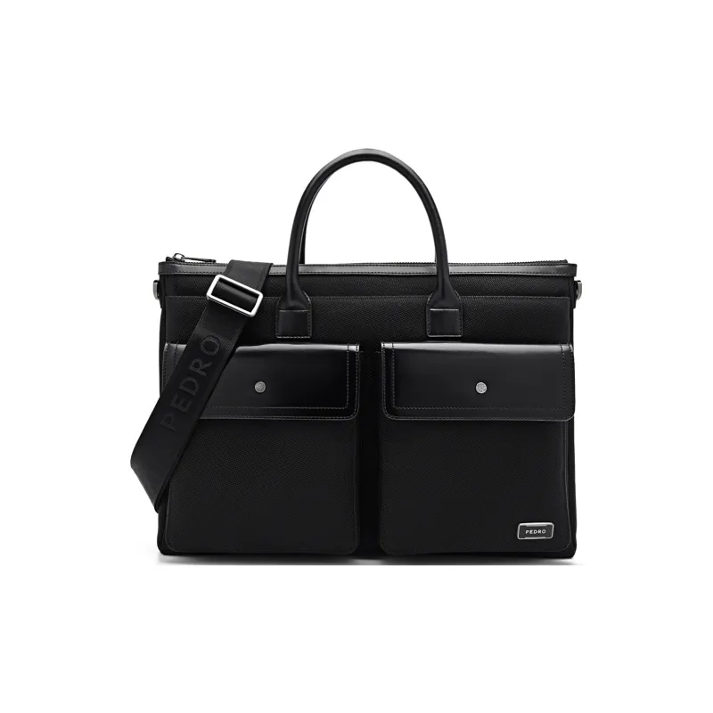 PEDRO Fabric With Cow Leather Briefcases Handbags Large Size Men's Black/Blue-1