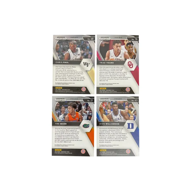 PANINI 2021 PRIZM Zion Williamson+Trey Yang+Paul+Trey Manu T Refringence University Total 4 Pieces Sports Cards 4 Pcs-1
