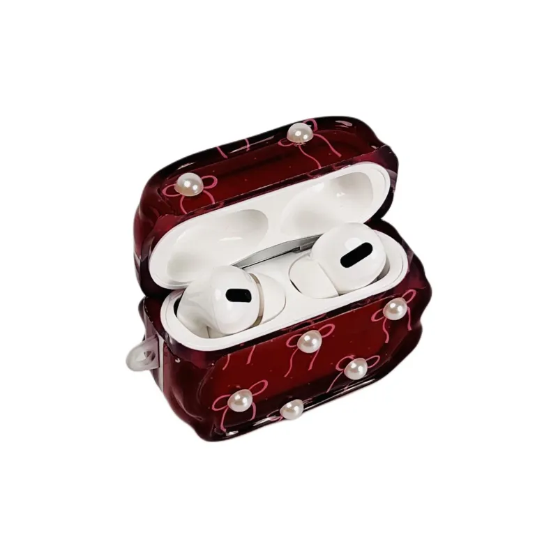 Wei Xin Apple AirPods 4/2/3/4th Generation/AirPods Pro/Pro 2nd Generation TPU Red Base Pearl Bowknot Headphone Cases-2