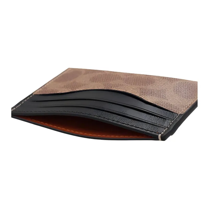 COACH Card Case Coated Canvas With Calfskin Leather Storage Bag Money Clip Card Holder Card Wallet Men's Khaki-1