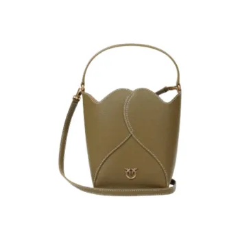PINKO Cowhide Split Leather Bucket Bags One Shoulder Handbags Small Size Women's Olive Green