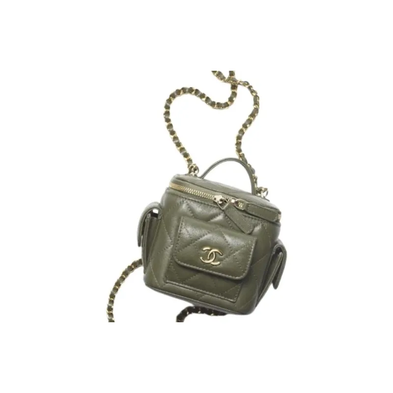 CHANEL 22K Autumn And Winter Sheepskin Crossbody Bag Makeup Bag Small Size Women's Olive Green-3