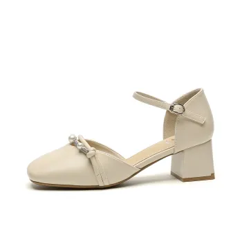 JOSINY Hollow Sandals Chunky Heel High Heels Women's Ecru