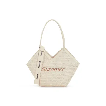 Old Man's Head Fabric Straw Woven Tote Shoulder Bag Women's Ecru