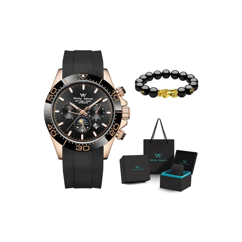 Welly Merck Automatic Mechanical Movement Rubber Strap Watch Men's Watches Black Dial-0