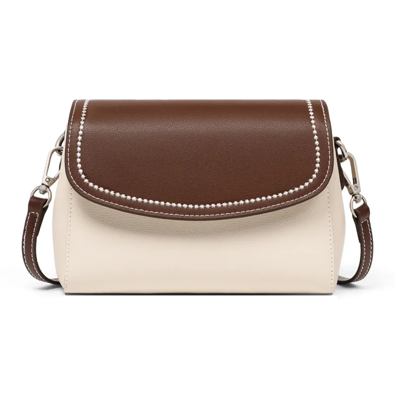 PT'SON Cow Leather Small Square Bag Shoulder Bag Women's White & Coffee-3