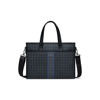 WilliamPOLO PVC 14-Inch Laptop Bag Commute Bag Portable Briefcase Crossbody Bag Men's Black Grid Pattern