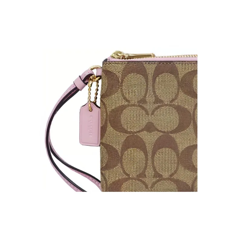COACH Double Zip Wallet Leather Detail Pochette Wrist Bag Clutch Small Size Women's Khaki & Pink-4