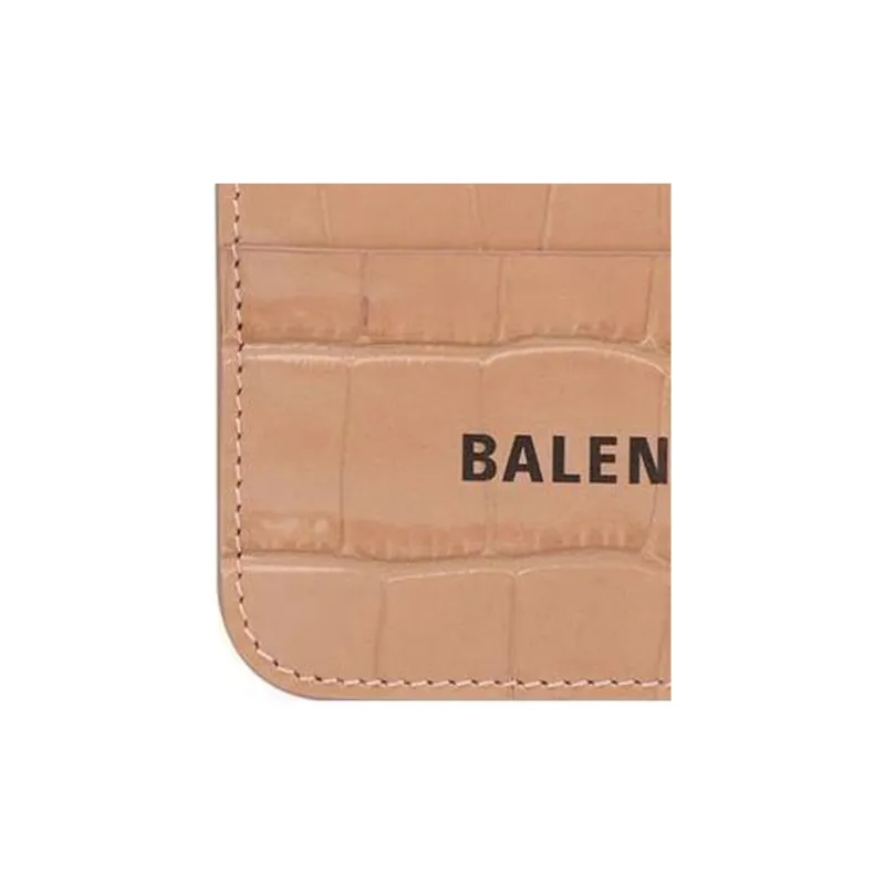 Balenciaga Cash Shiny Crocodile Pattern Embossed Cow Leather Card Holder Regular Women's Brown-2