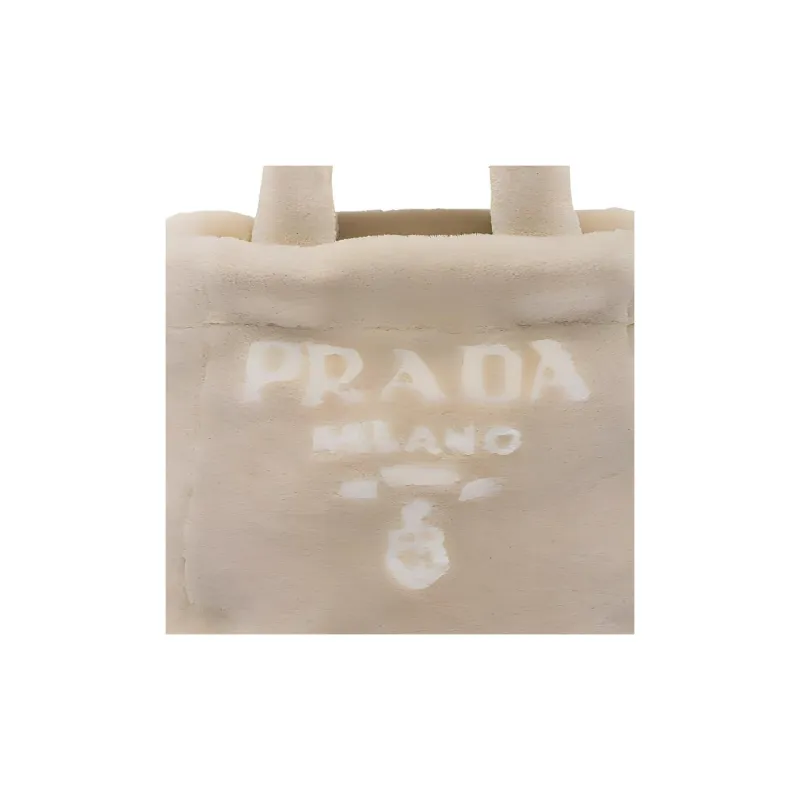 PRADA Shearling Plush Tote Bag, Shopping Bag, Shoulder Bag, Crossbody Bag, Handbag Women's Beige-4