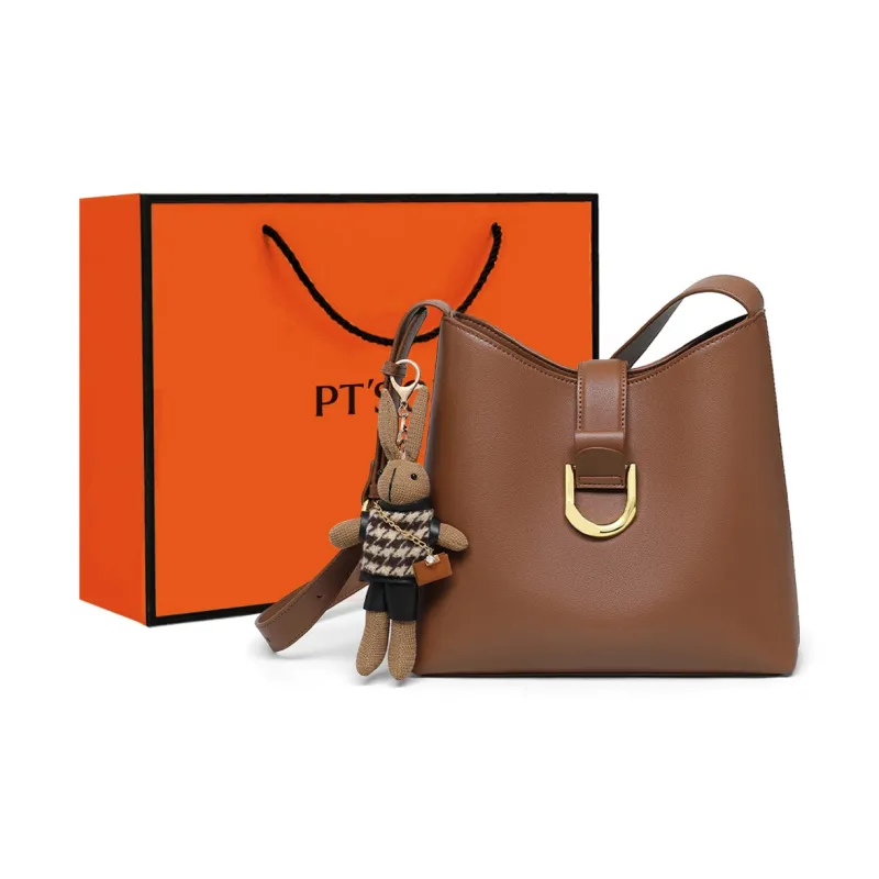 PT'SON Cow Leather Bucket Bag, Underarm Bag, Shoulder Bag Regular Women's Ecru/Brown-8