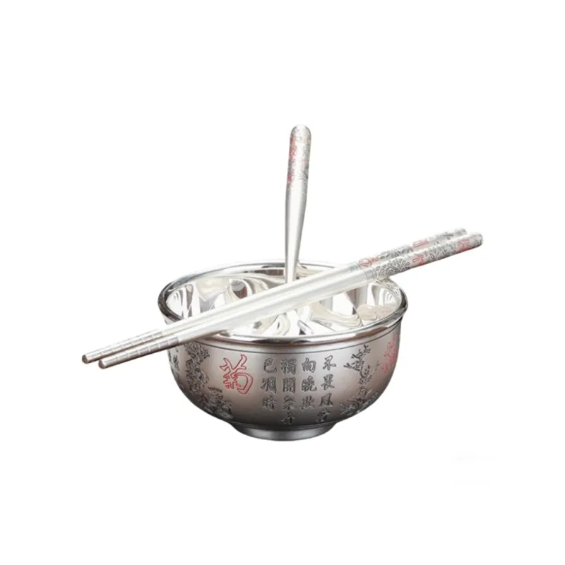 QINGFU 999 Fine Silver Bowl, Silver Spoon, Silver Chopsticks Unisex-0