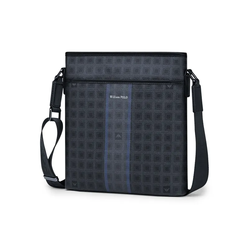 WilliamPOLO PVC Advanced Niche Crossbody Bag Shoulder Bag Men's Black Grid Pattern-1