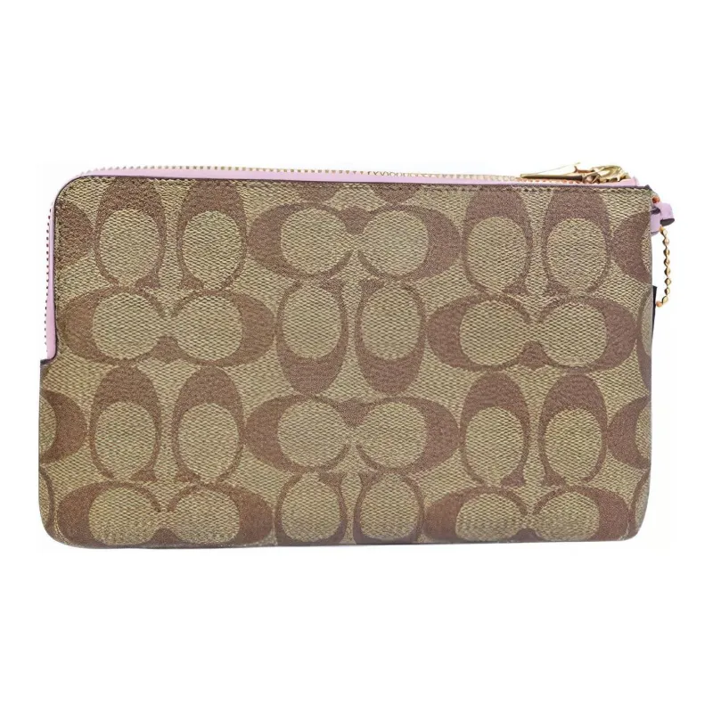 COACH Double Zip Wallet Leather Detail Pochette Wrist Bag Clutch Small Size Women's Khaki & Pink-1
