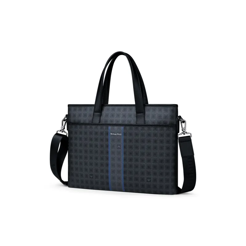 WilliamPOLO PVC 14 Inch Laptop Bag Commute Bag Portable Briefcase Crossbody Bag Men's Black Grid Pattern-1