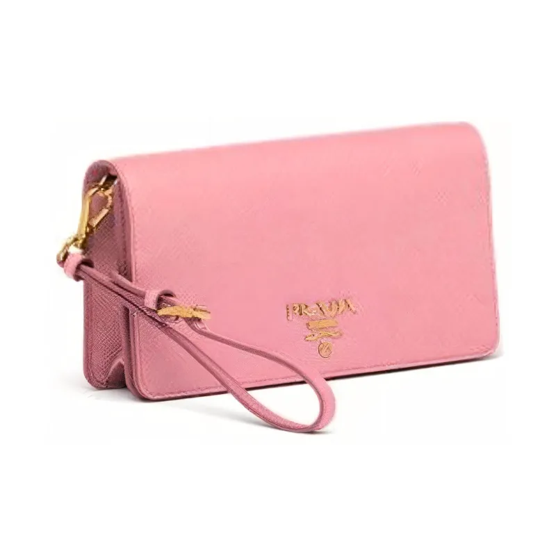 PRADA Saffiano Leather Clutch Bag Over The Shoulder Mini Women's Pink-1