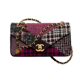 CHANEL Twill Soft Woolen Patchwork Fabric & Gold Metal Flap Bag, Shoulder Bag, Crossbody Bag Women's Black/Pink/White