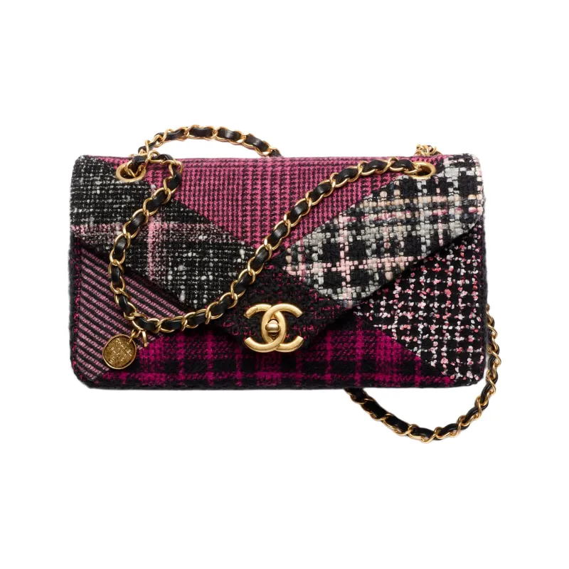 CHANEL Twill Soft Woolen Patchwork Fabric & Gold Metal Flap Bag, Shoulder Bag, Crossbody Bag Women's Black/Pink/White-0
