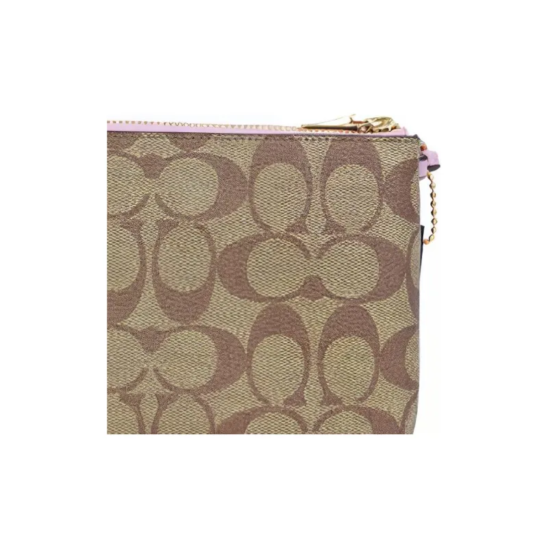 COACH Double Zip Wallet Leather Detail Pochette Wrist Bag Clutch Small Size Women's Khaki & Pink-5