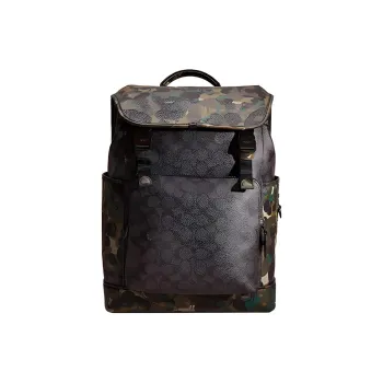 COACH League Canvas With Polished Pebbled Leather Travel Bags Backpack Large Size Men's Black Patchwork Camouflage