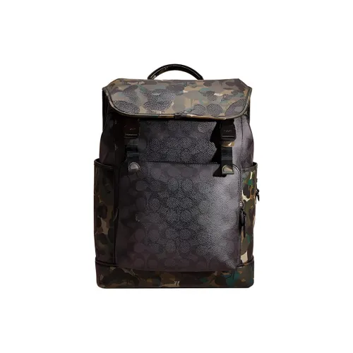 COACH League Canvas With Polished Pebbled Leather Travel Bags Backpack Large Size Men's Black Patchwork Camouflage
