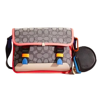 COACH Calfskin Messenger Bag, Shoulder Bag, Crossbody Bag Trumpets Women's Gray Monogram
