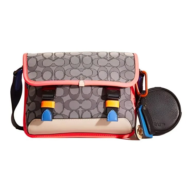 COACH Calfskin Messenger Bag, Shoulder Bag, Crossbody Bag Trumpets Women's Gray Monogram-0