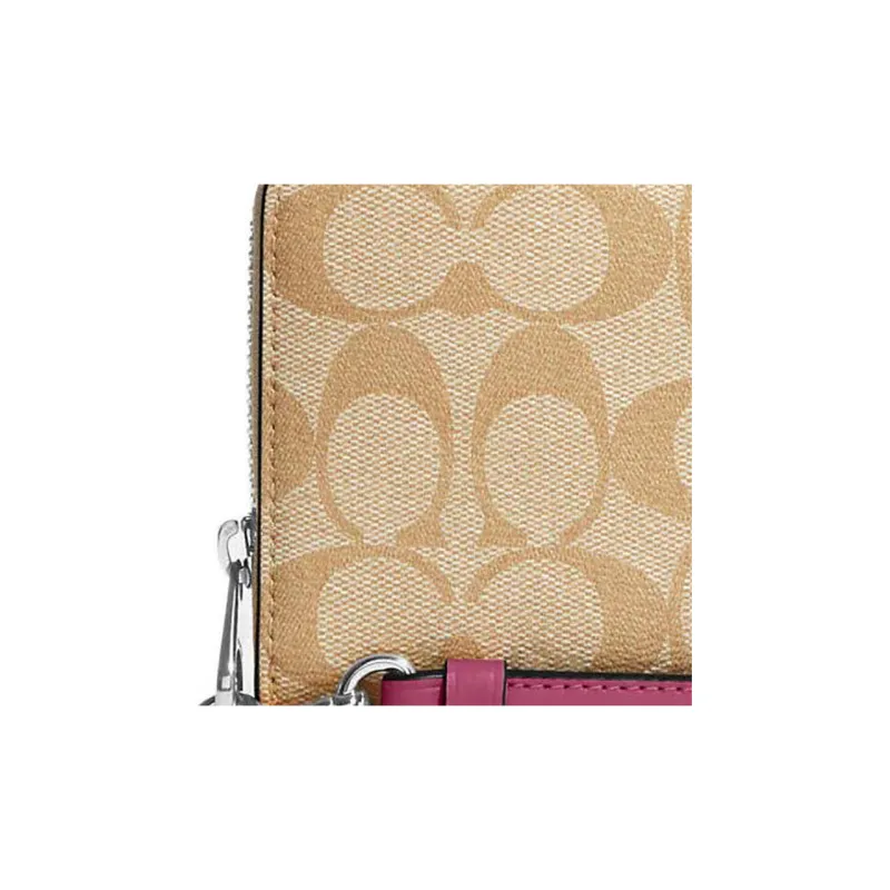 COACH Zip Around Coated Canvas With Smooth Leather Coin Purse Handheld Wallet Small Size Women's Light Khaki-2