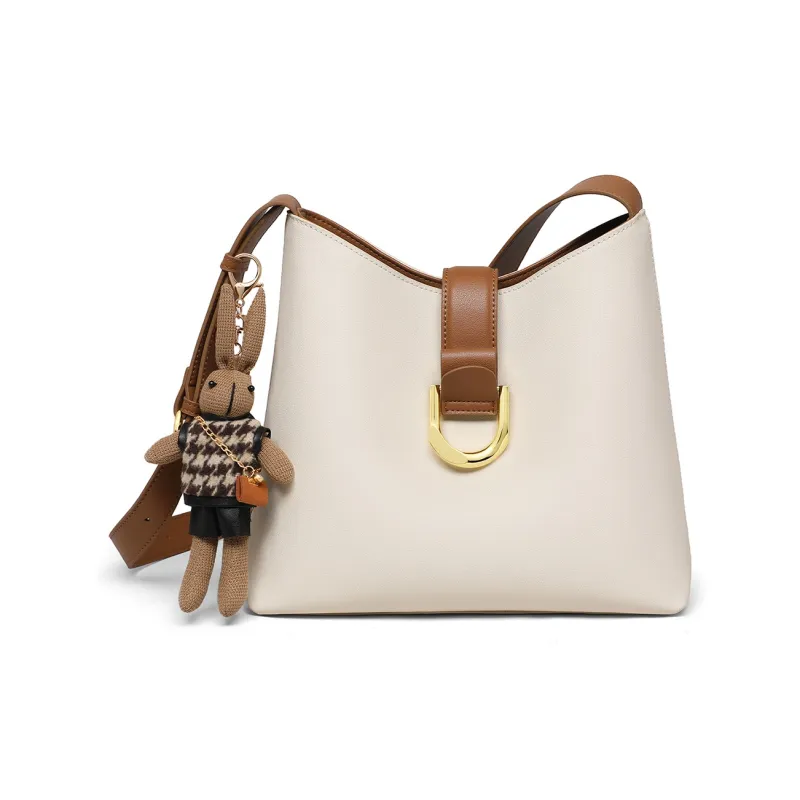 PT'SON Cow Leather Bucket Bag, Underarm Bag, Shoulder Bag Regular Women's Ecru/Brown-4